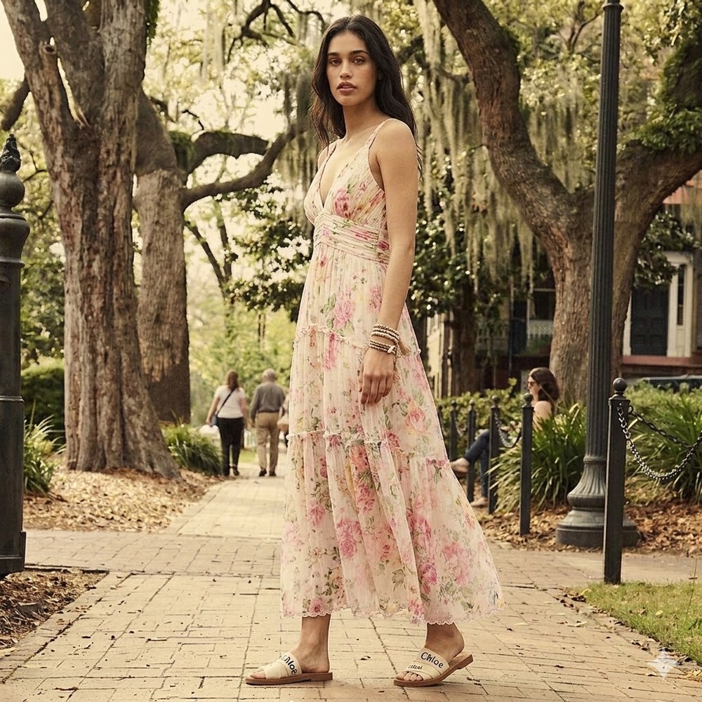 Hemant & Nandita Anka Floral Metallic Lurex Tiered Midi Dress Wedding Guest XS ✨